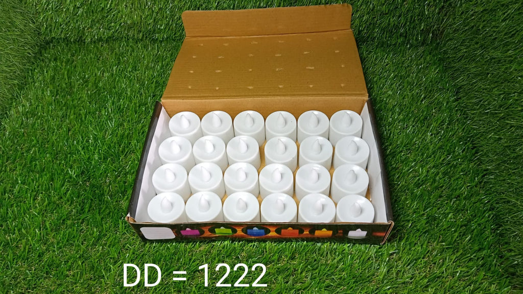The complete 24-piece set of white LED tealight candles for home decoration.