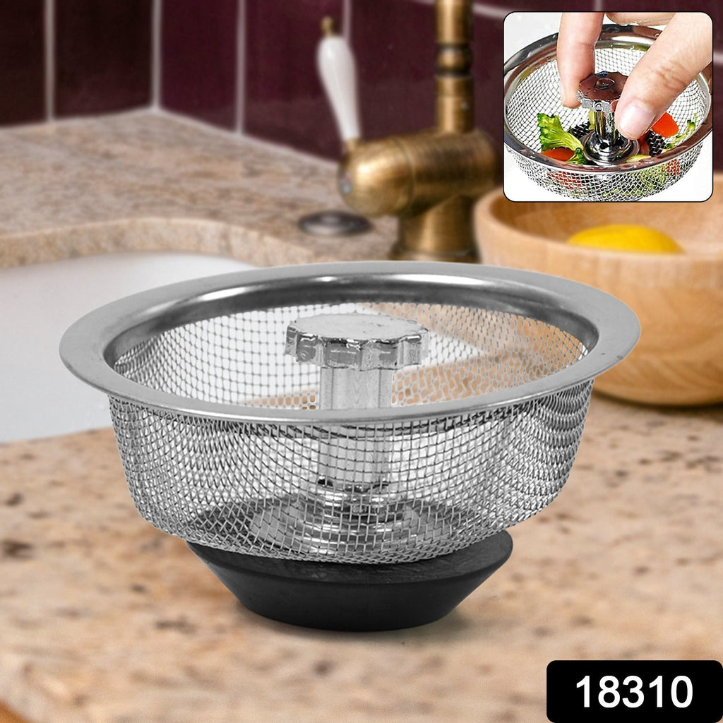Close-up of the fine mesh of the stainless steel kitchen sink strainer.