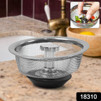Close-up of the fine mesh of the stainless steel kitchen sink strainer.