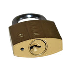 Compact 32mm brass padlock with keys, designed for cabinets and small safes.