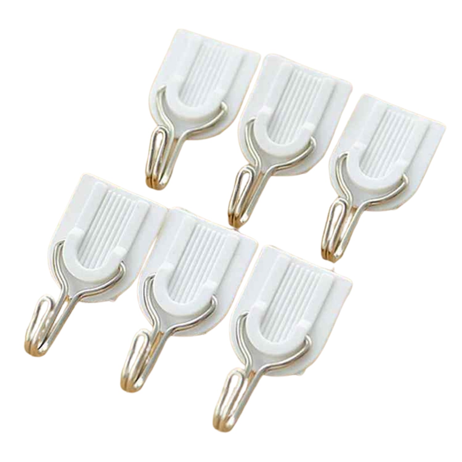 Pack of six white self-adhesive utility hooks for home organisation.