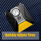 Mini car tire pump kit with power cable and accessories.
