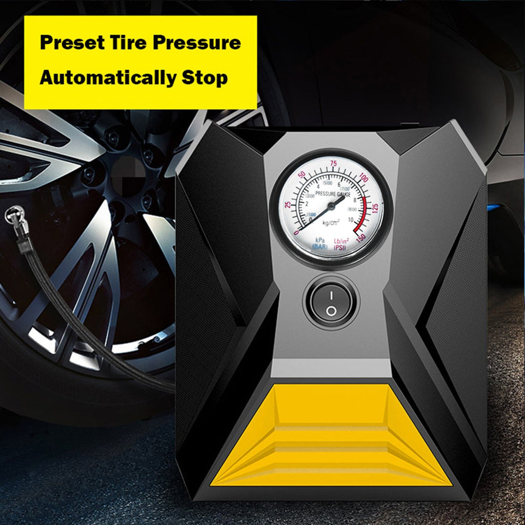Car tyre inflator connected to a vehicle tyre for quick inflation.