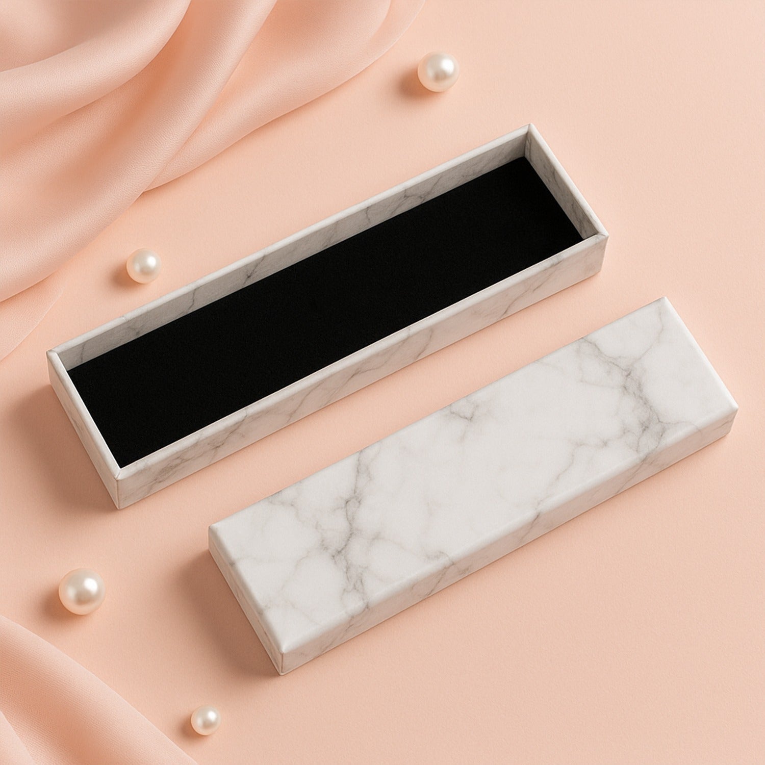 Luxury empty jewelry gift box with marble finish and black velvet interior, 21x5cm.
