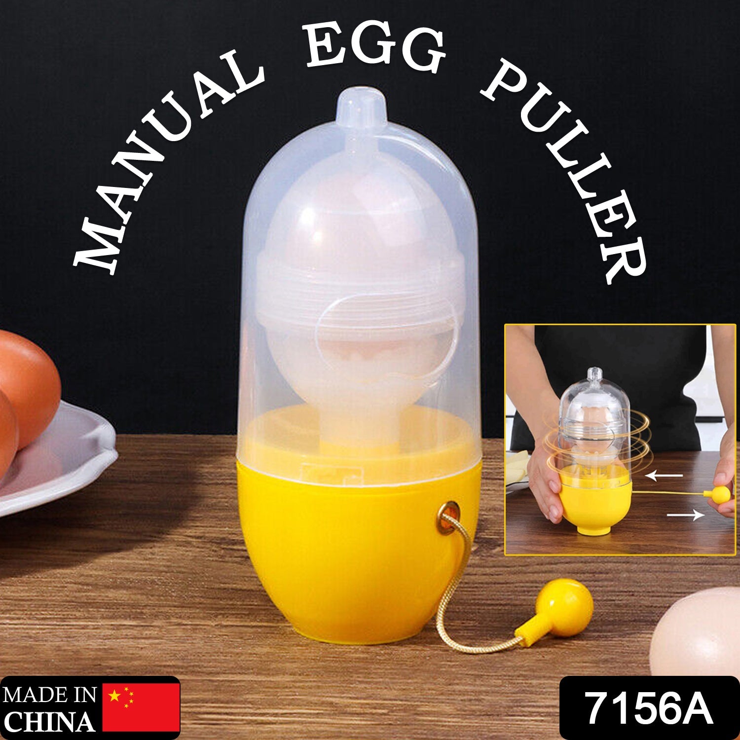 Close-up of the Manual Egg Scrambler's transparent casing, showing an egg secured inside the silicone holder.