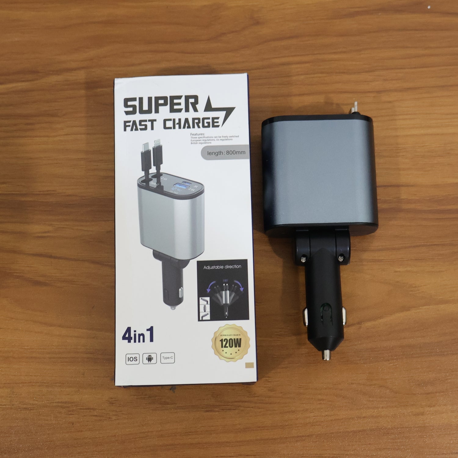 Side view of  4-in-1 car charger with built-in cables and USB ports