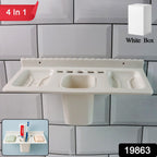 Lifestyle shot of the wall-mounted bathroom organizer holding toiletries.
