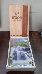 Decorative wooden wall panel with hooks, showing intricate vertical scenery.