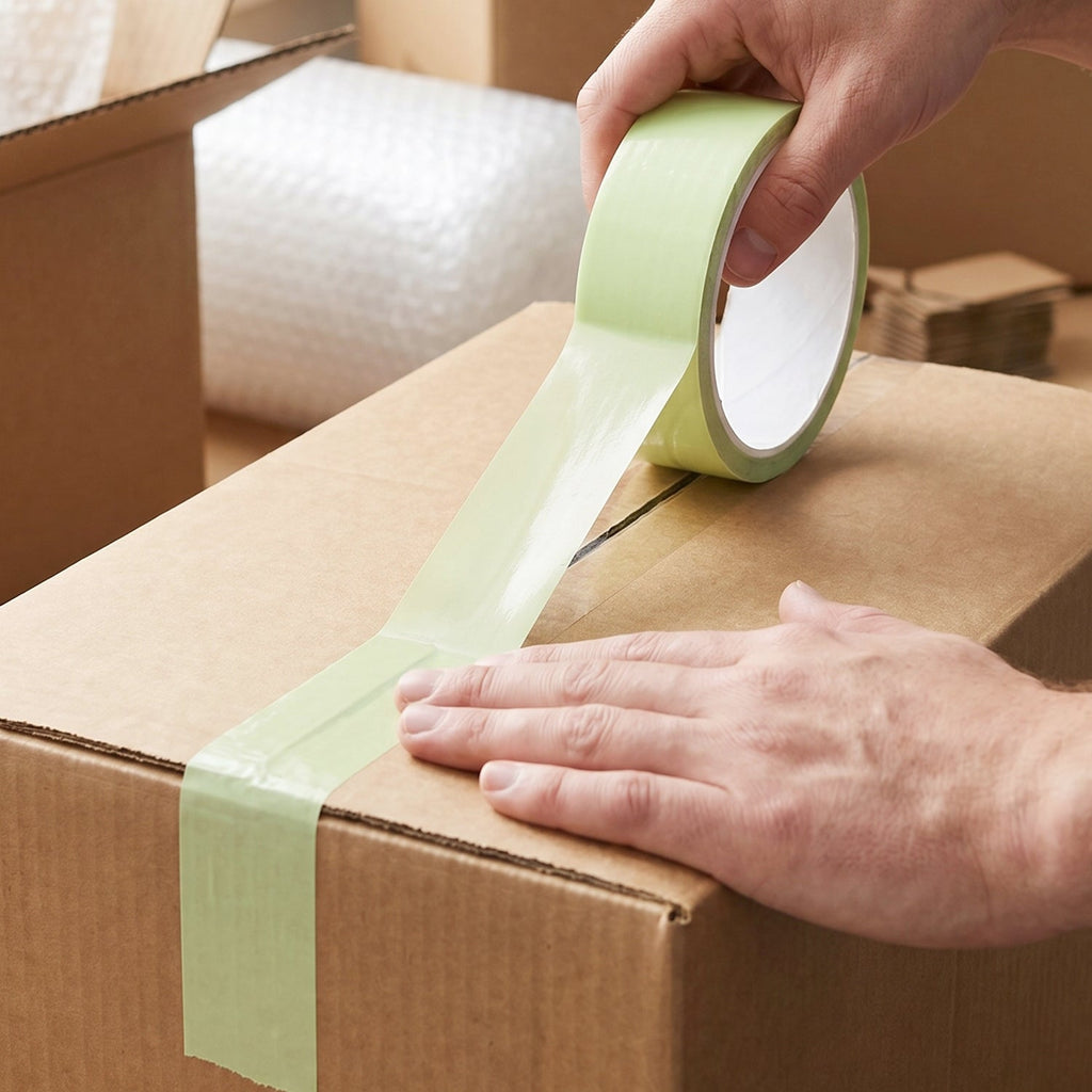 Tape sealing boxes in lifestyle scene showing secure packaging