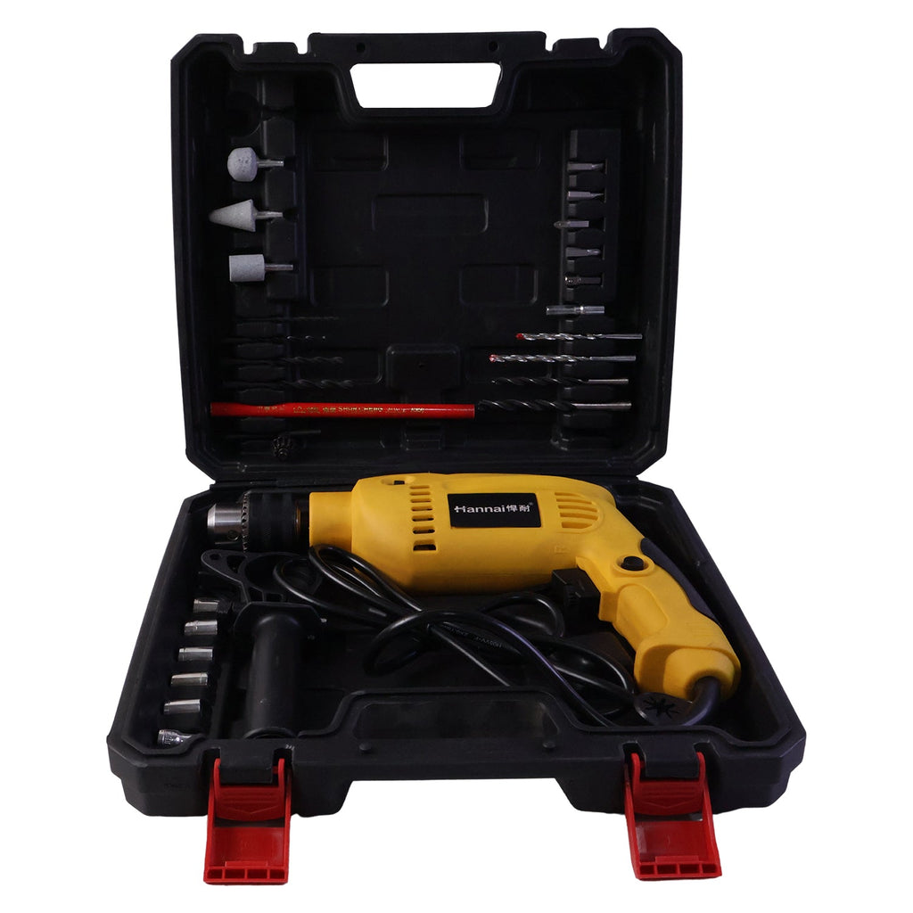 Drill machine kit carried in durable case with accessories
