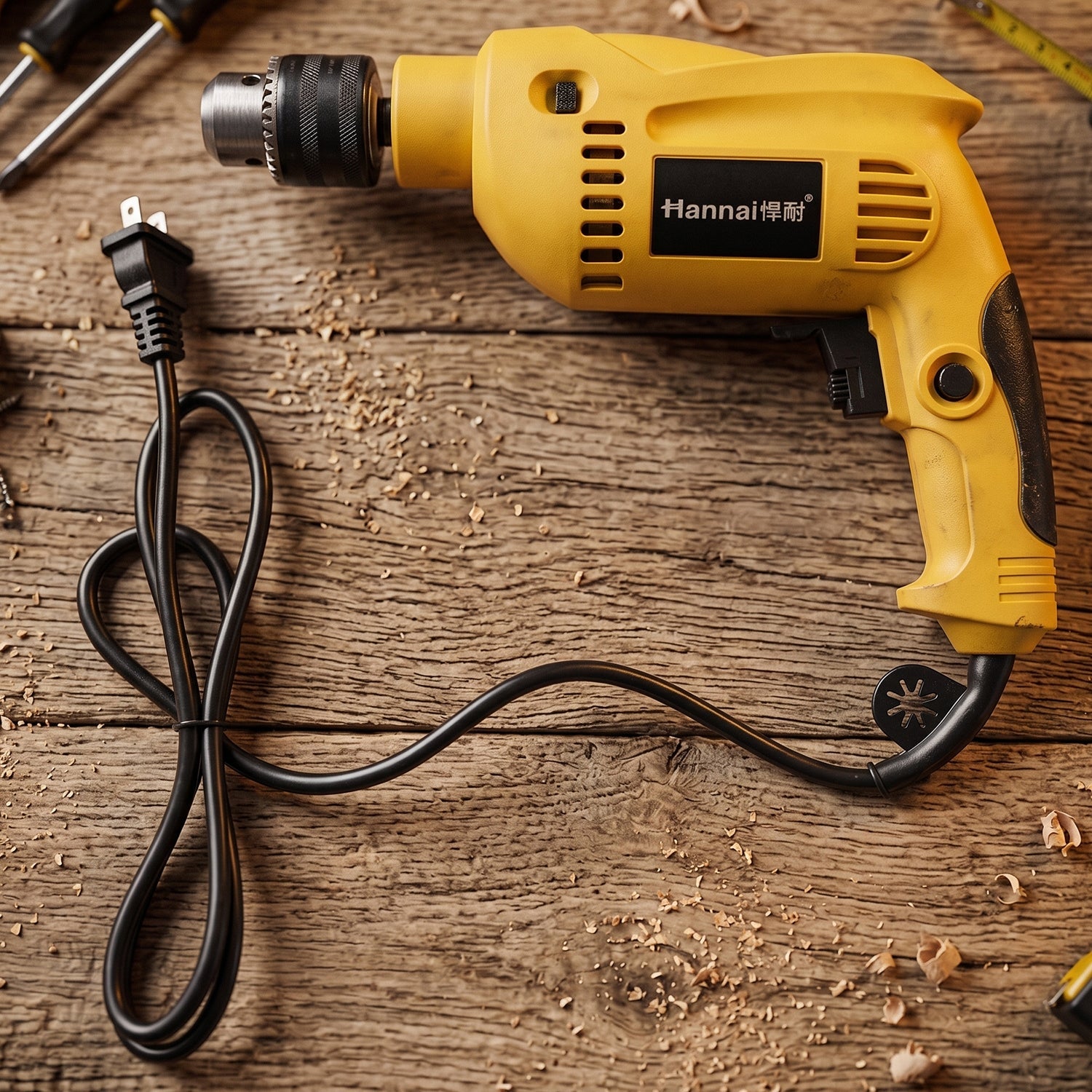 Top view of yellow corded electric drill machine