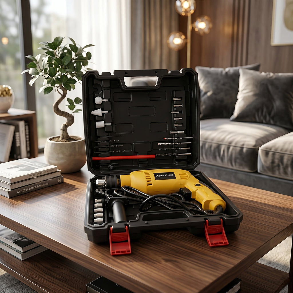 Open case of drill machine tool kit on table lifestyle