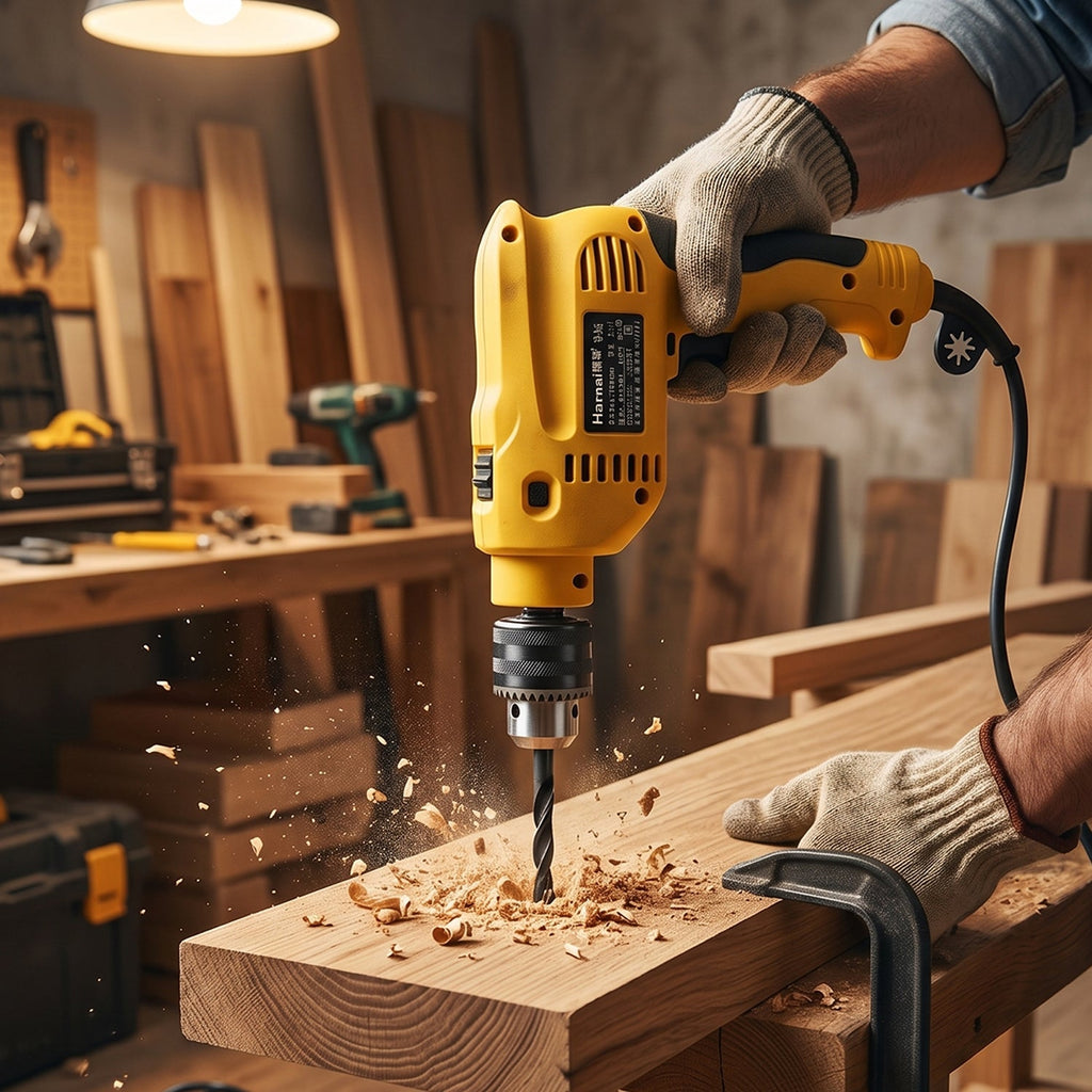 Electric drill in use drilling wood in workshop