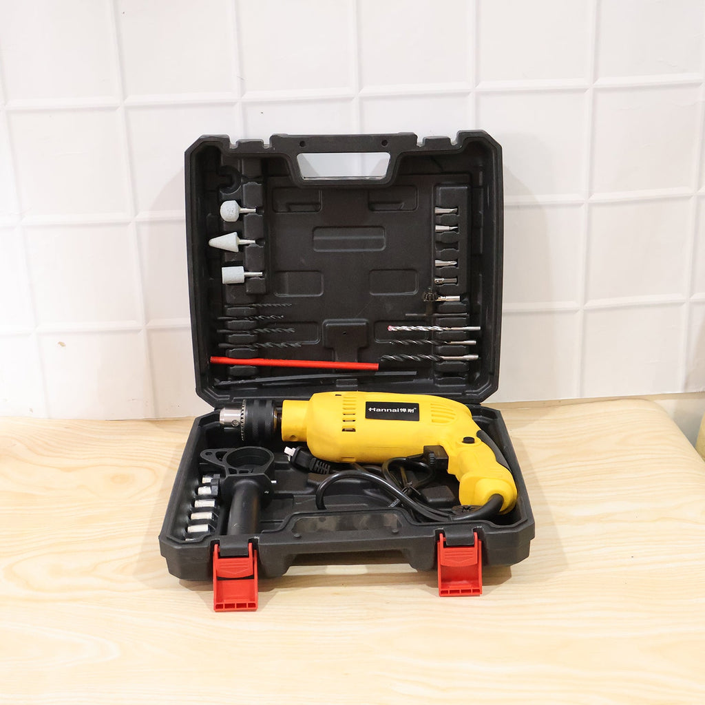 Product live photo of open drill machine kit case