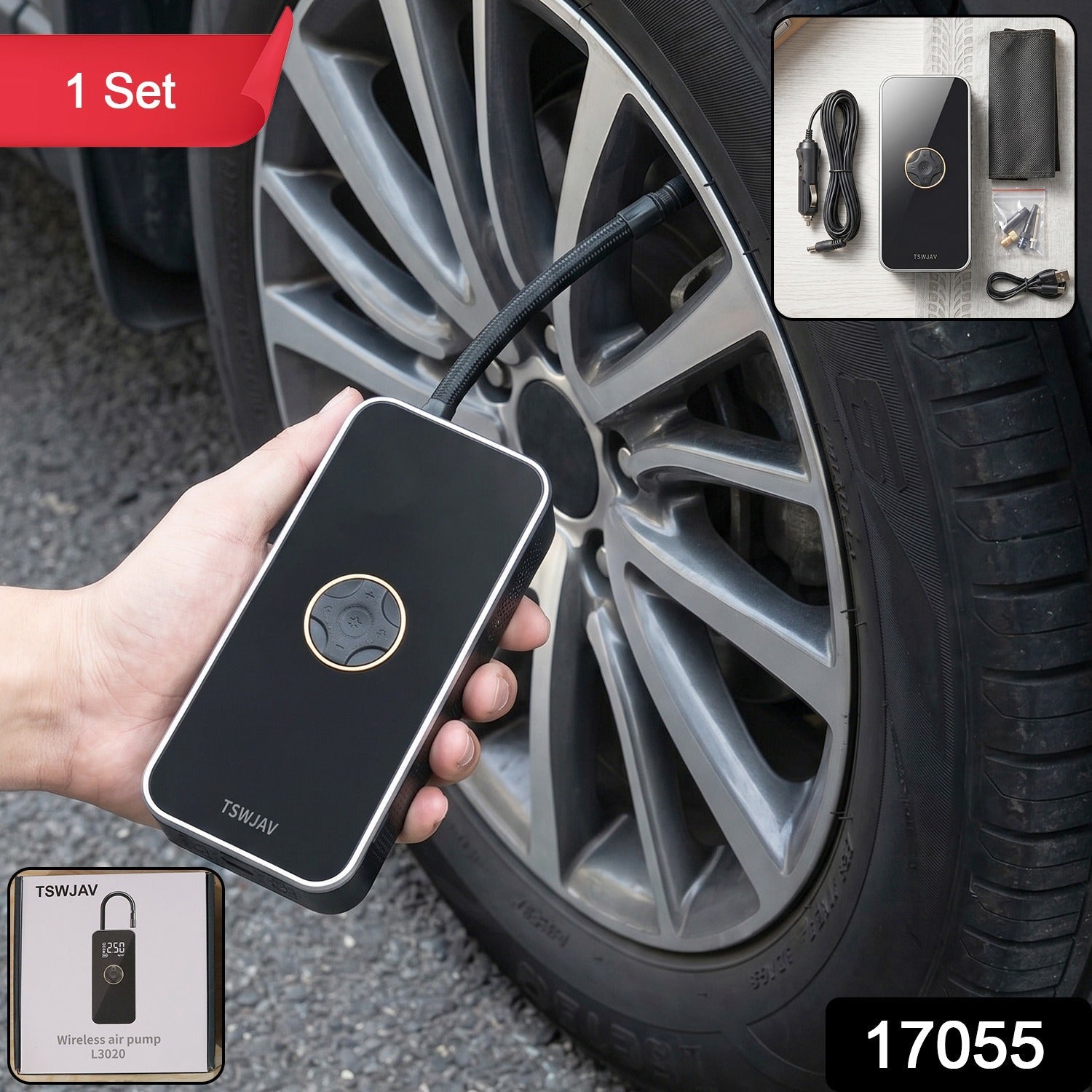 Compact portable air compressor with multiple nozzle adapters and digital pressure display