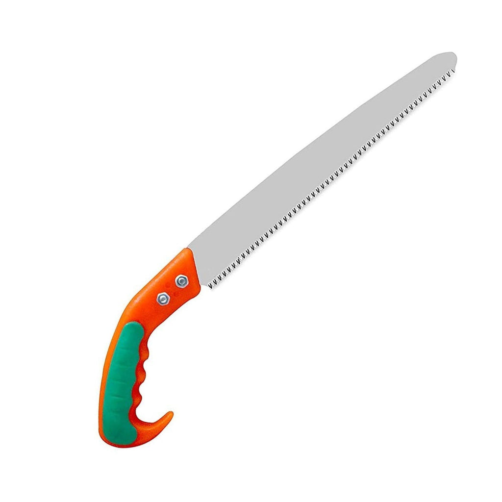 Complete view of the high carbon steel tree pruning saw on a neutral background.