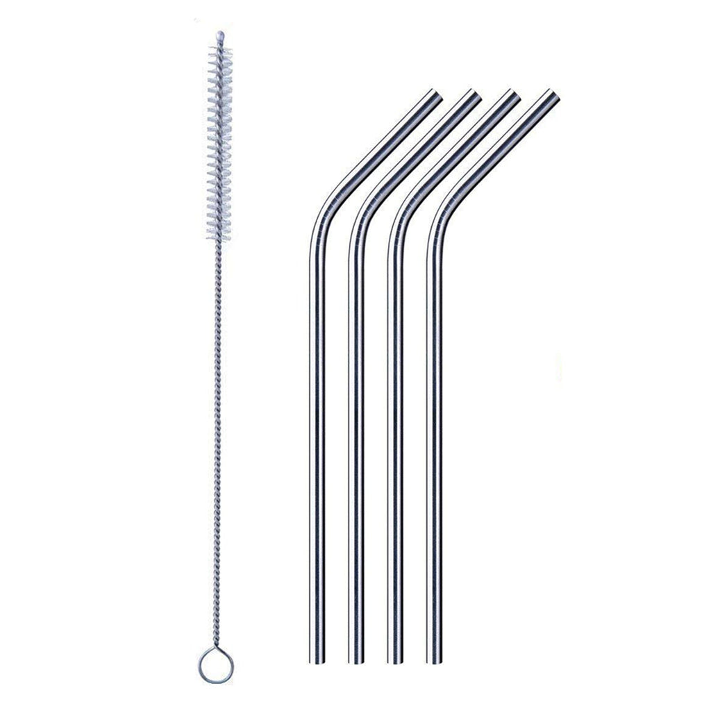 Bent stainless steel straw elegantly placed in a clear drinking glass.