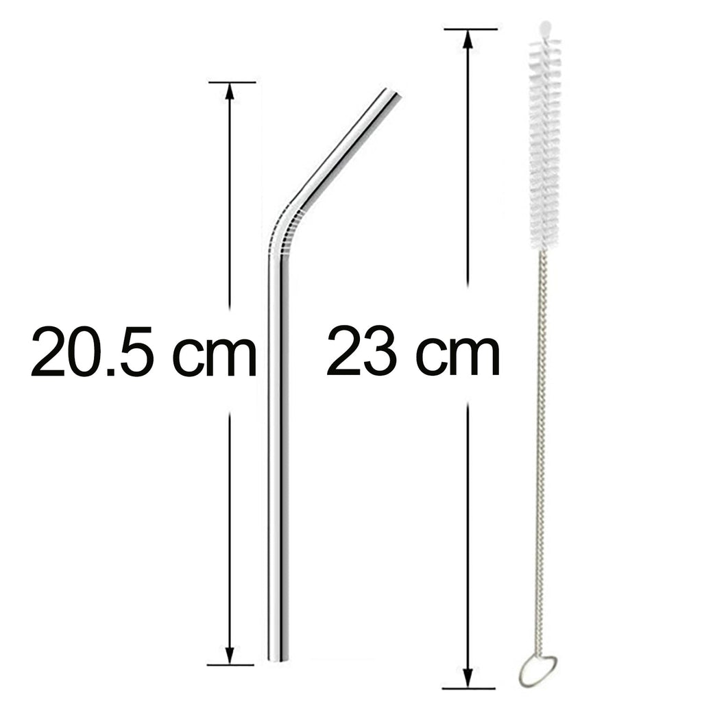 Four shiny bent metal straws and a cleaning brush laid out for inspection.