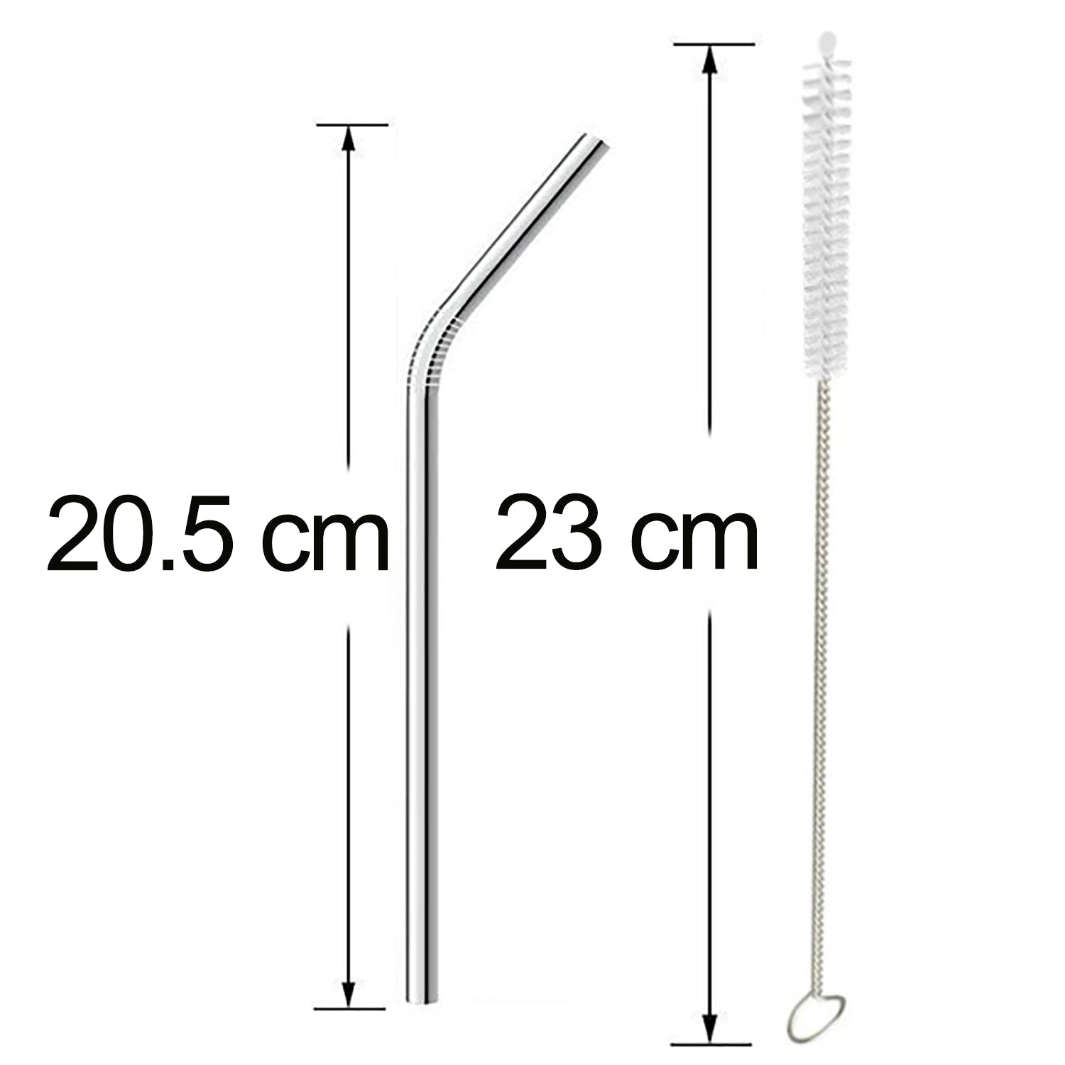 Four shiny bent metal straws and a cleaning brush laid out for inspection.