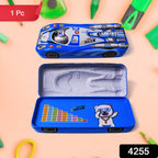 Closed metal car shape pencil case with detailed wheel design.