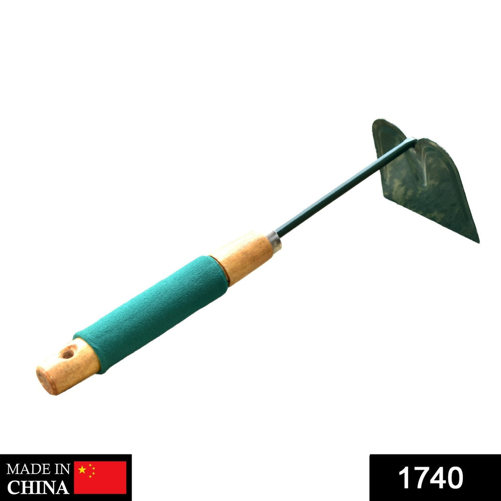 Side view of the gardening hoe, highlighting its sturdy blade and ergonomic handle.