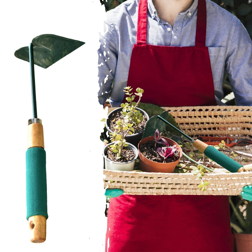 The complete gardening hoe, showcasing its balanced design for easy handling.