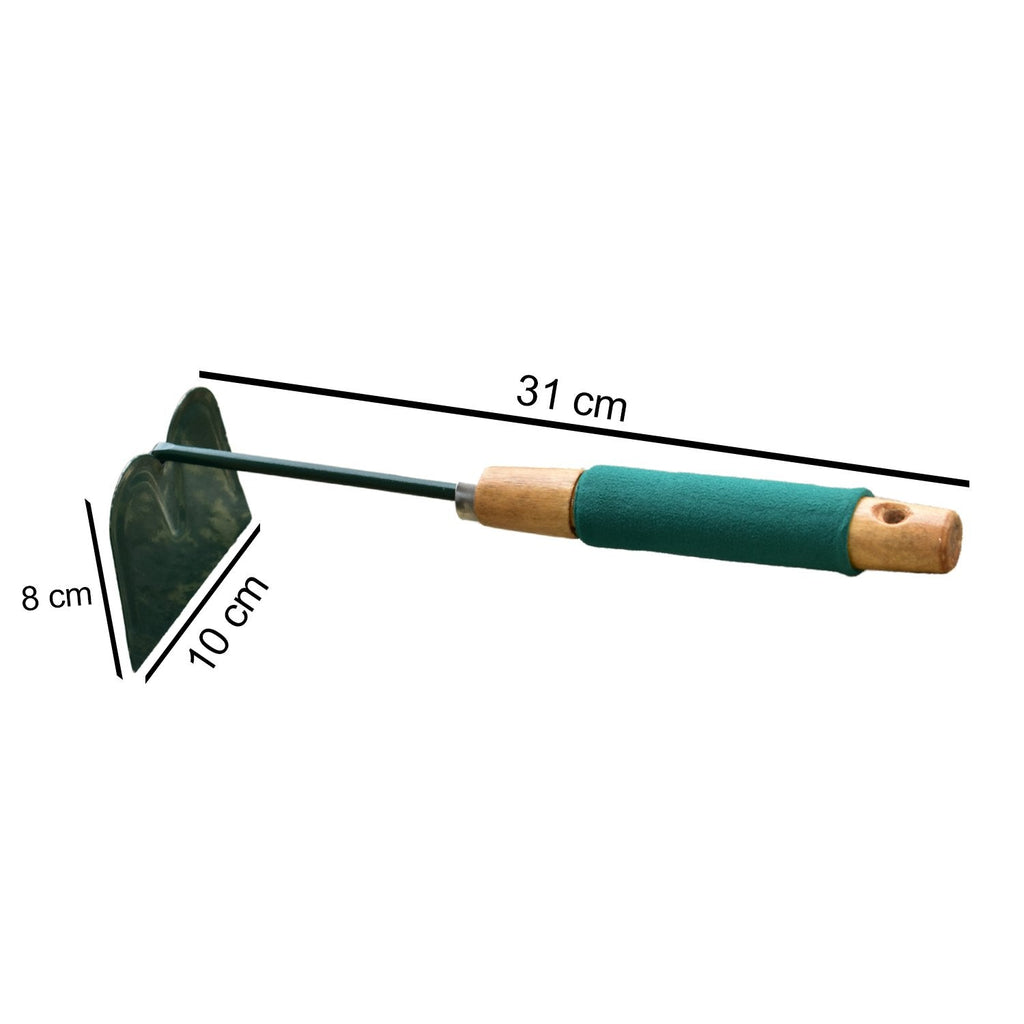 Angled shot of the gardening hoe blade and handle, emphasizing its robust construction.