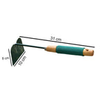 Angled shot of the gardening hoe blade and handle, emphasizing its robust construction.