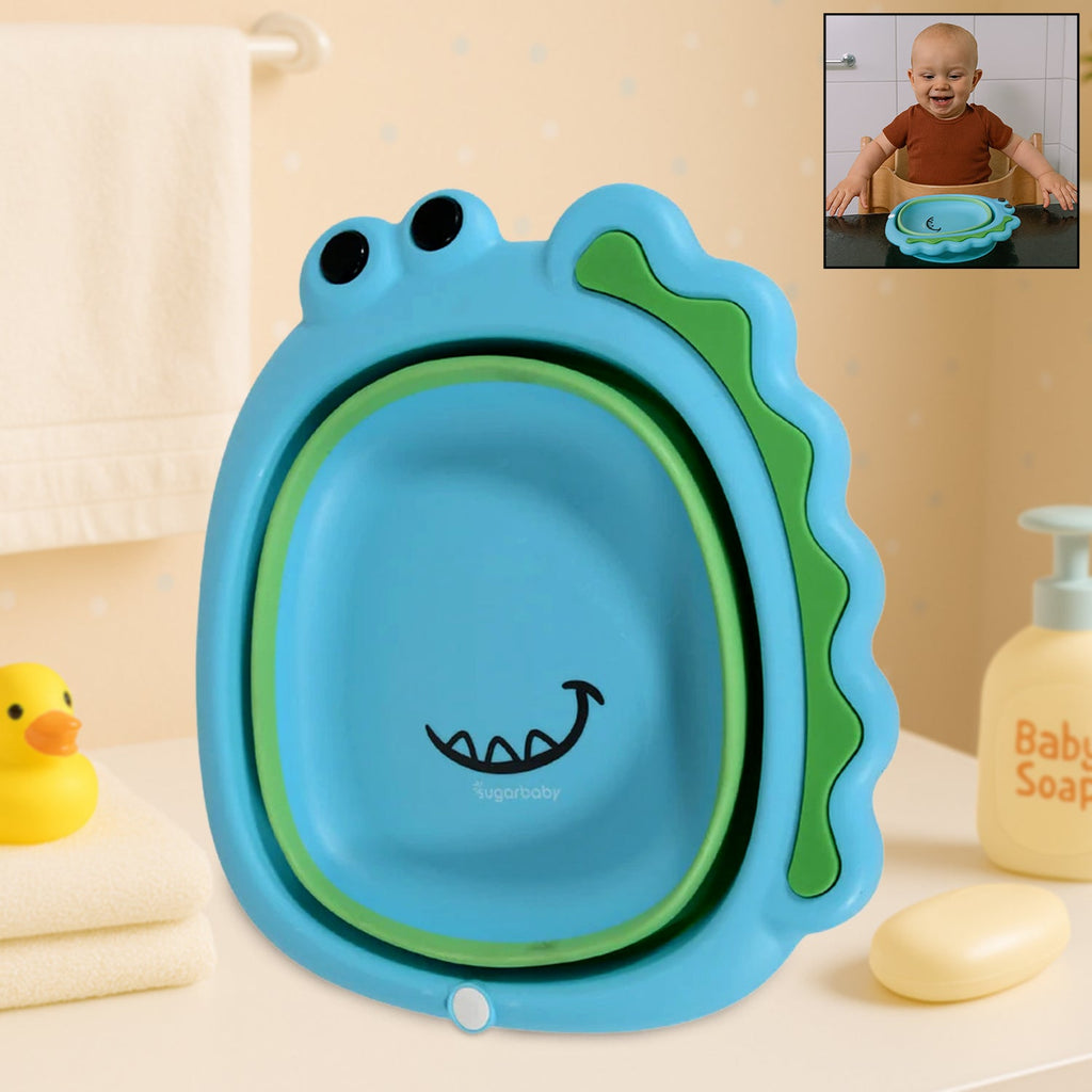 Front view of the adorable frog-shaped foldable baby wash basin, ready for use.