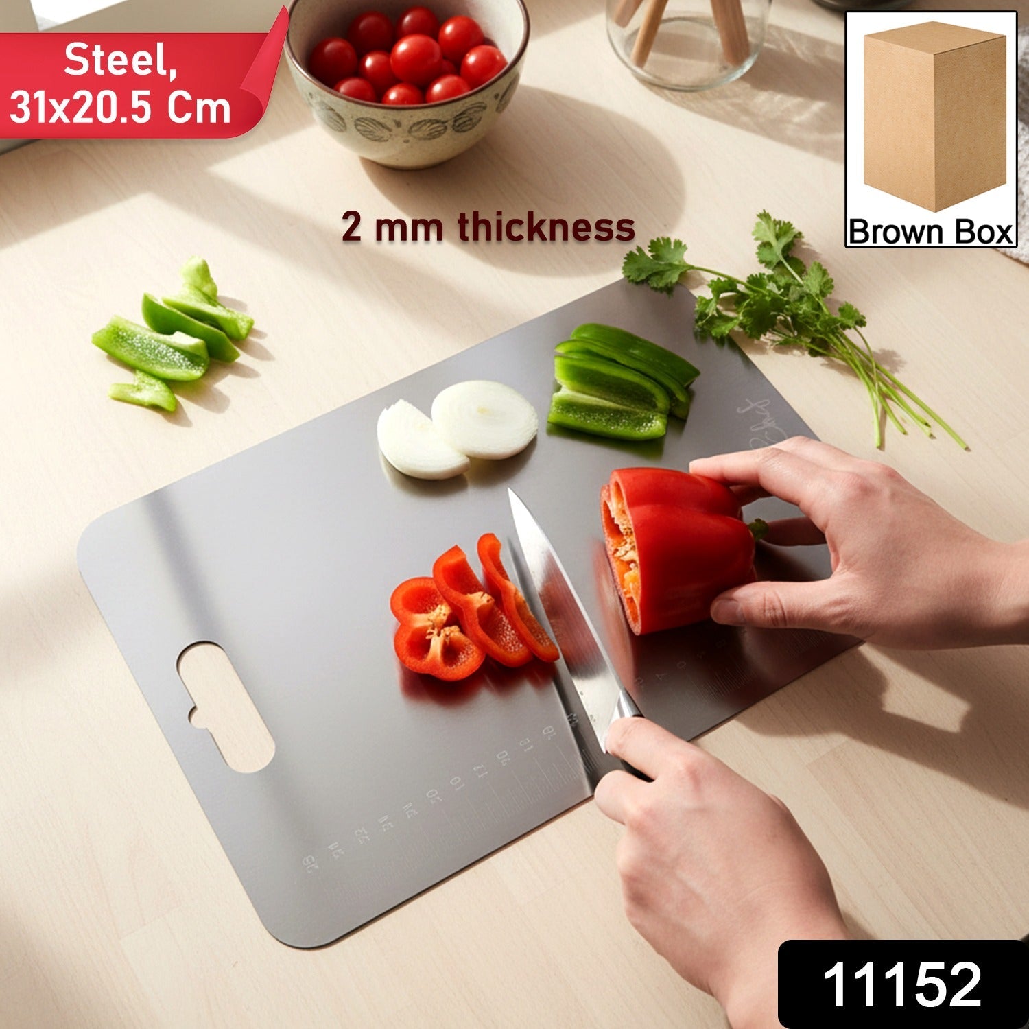 Durable stainless steel kitchen cutting board with handle cut-out