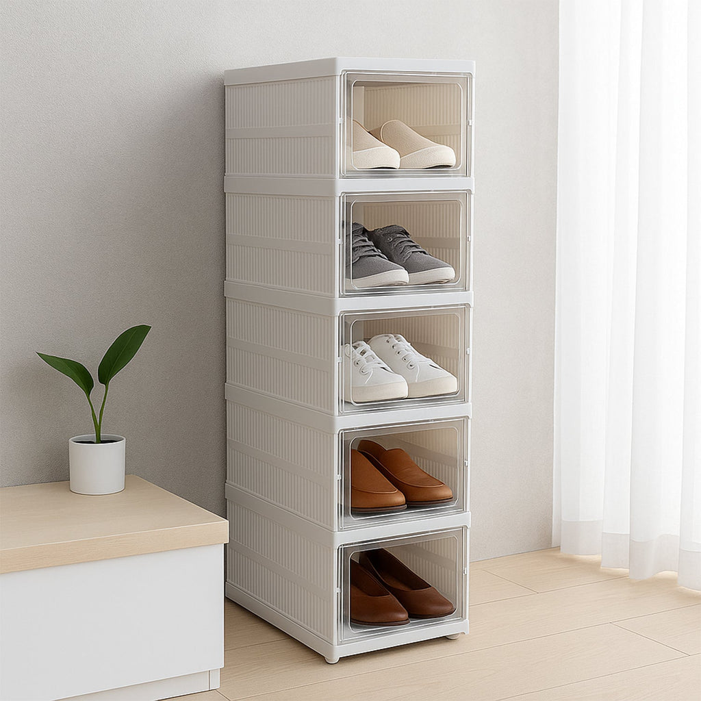 A 5-layer white stackable storage cart on wheels, ready for home organization.