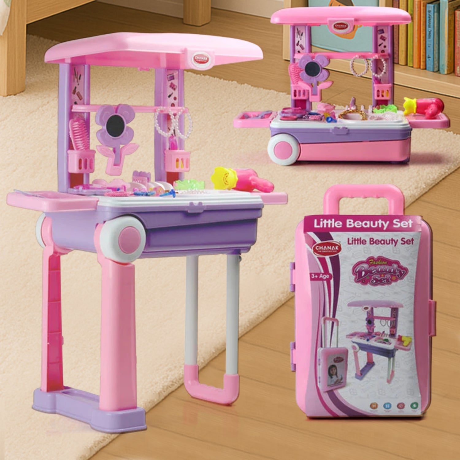 Aditi Kids Beauty Set Trolley with all 25 accessories displayed in trolley mode.