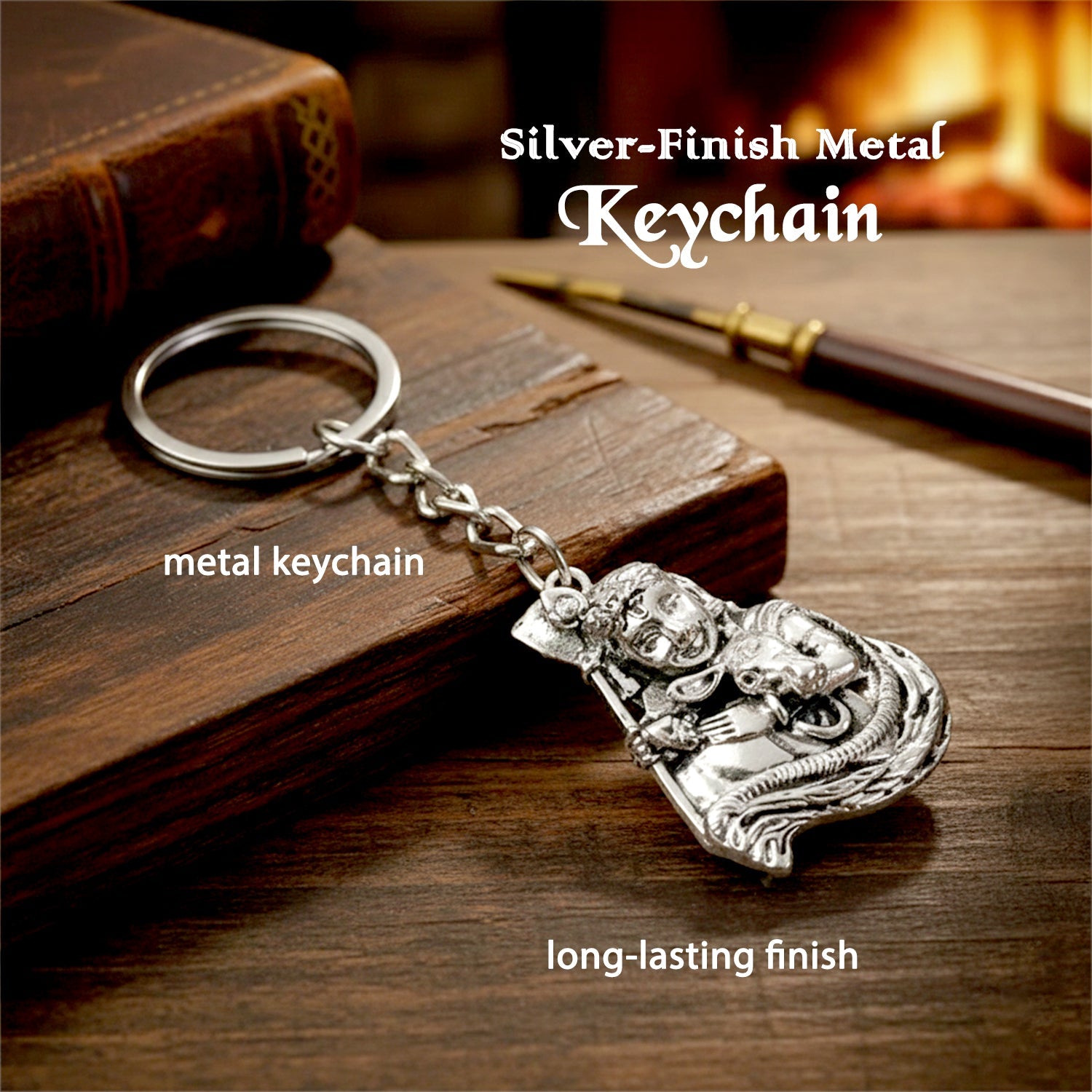 Elegant silver finish devotional keychain with Bal Krishna idol for car or home keys