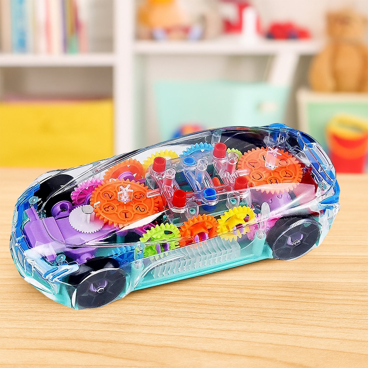 Front view of the transparent gear car toy with colorful lights and musical feature.