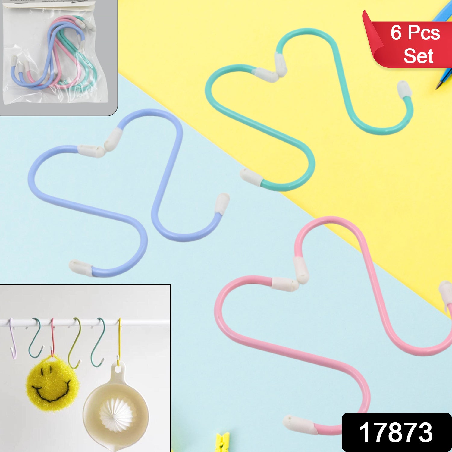 The VoltDesk 6-piece S hooks set displayed in its packaging, ready for home organisation.