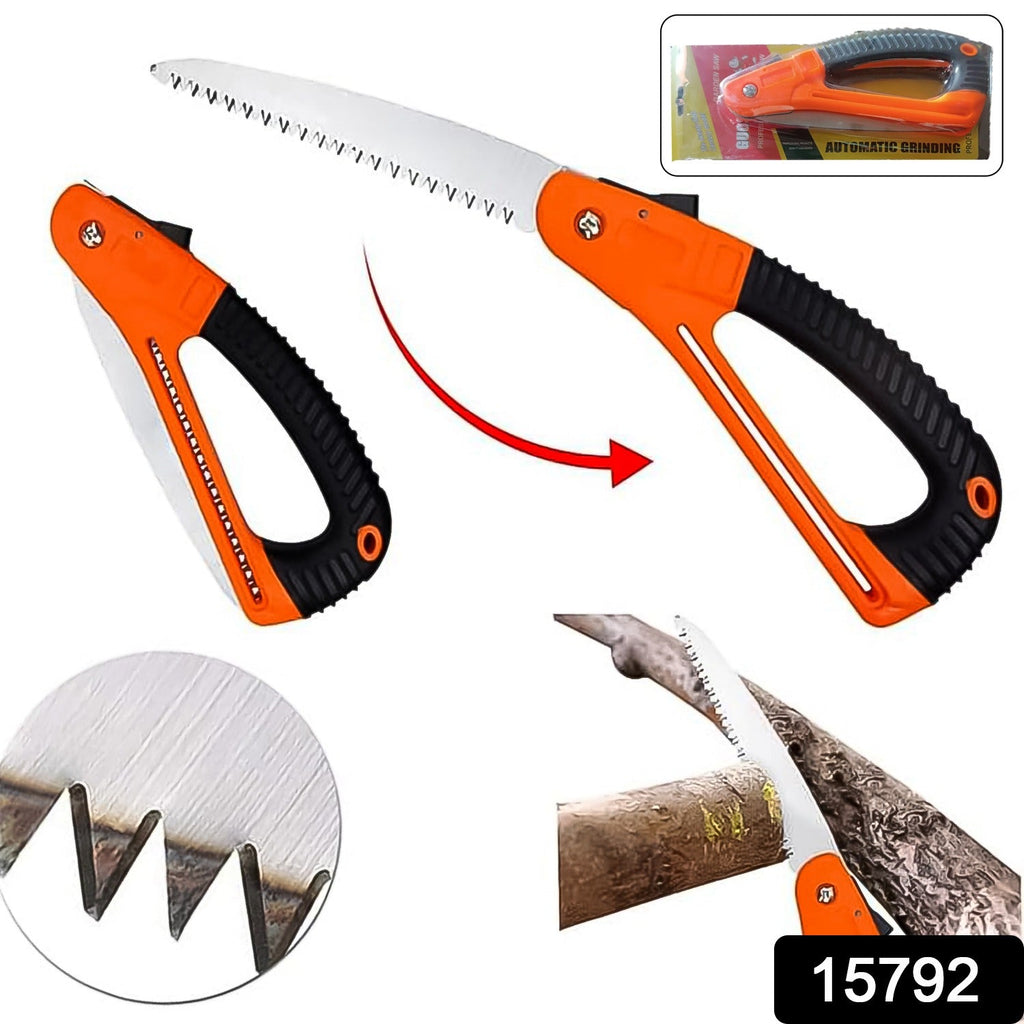 A compact Folding Pruning Saw effortlessly cutting through a small tree branch in a garden setting.