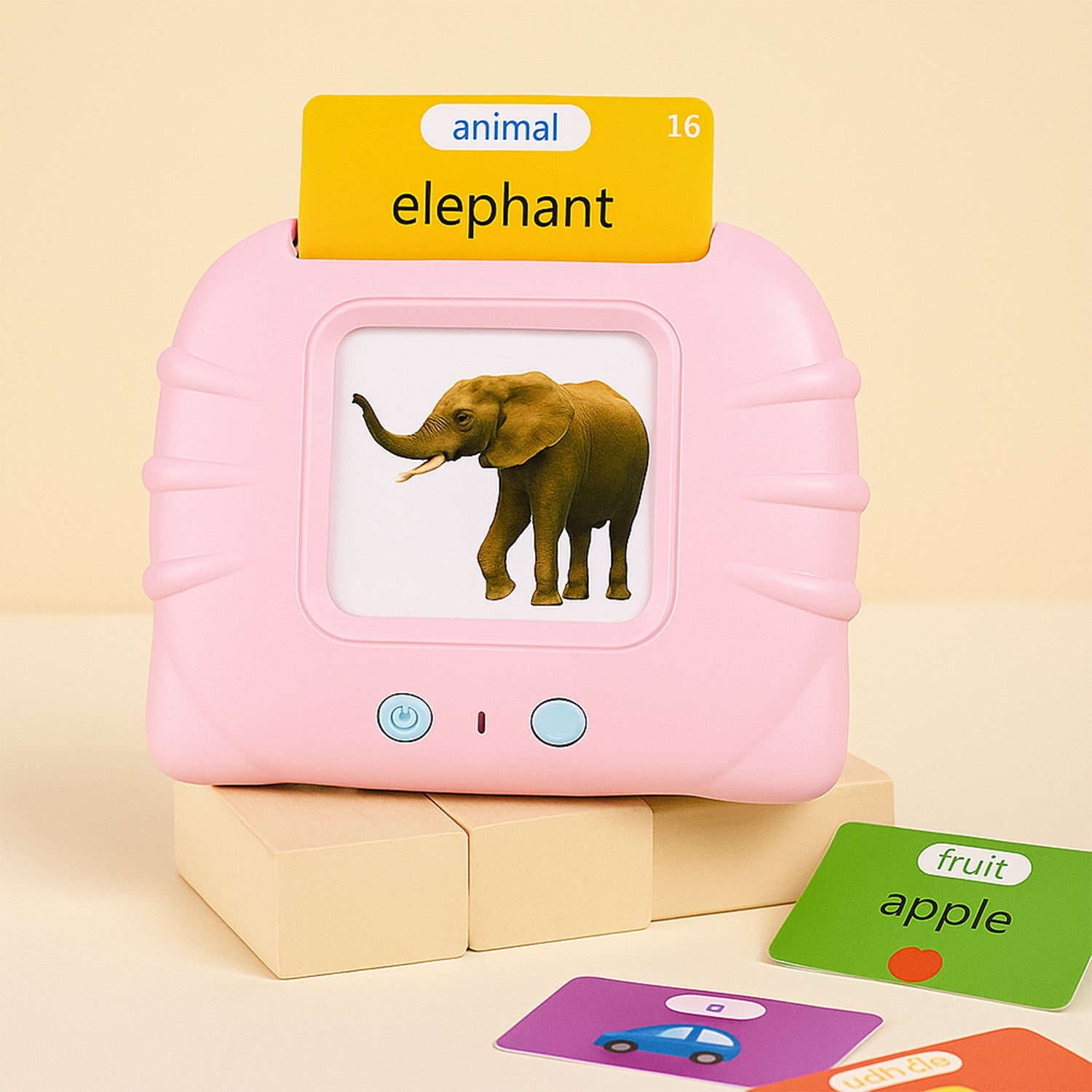 Kids learning machine with bright flash cards for early education.