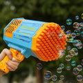 A child happily holds the 69-hole Rechargeable Bubble Gun, blowing a stream of bubbles in a park.