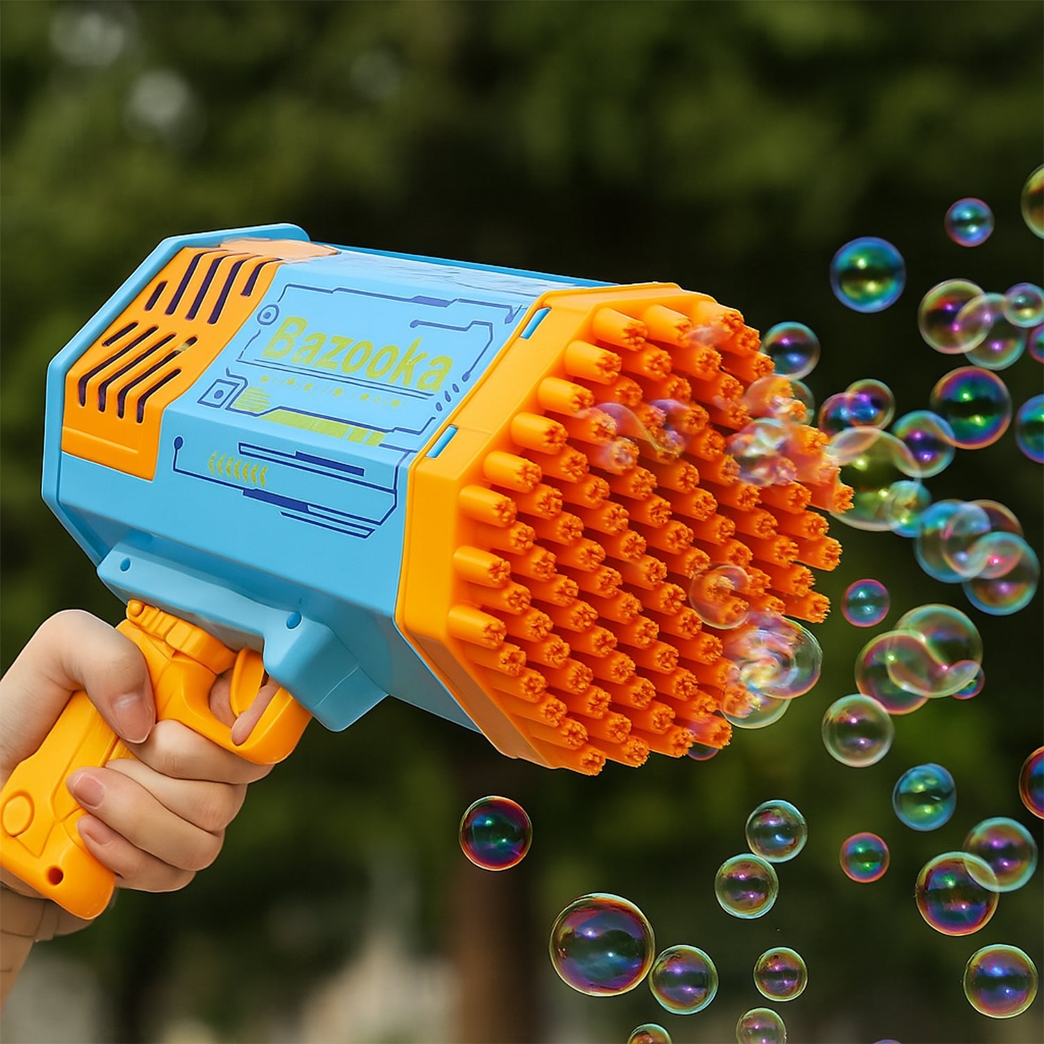 A child happily holds the 69-hole Rechargeable Bubble Gun, blowing a stream of bubbles in a park.