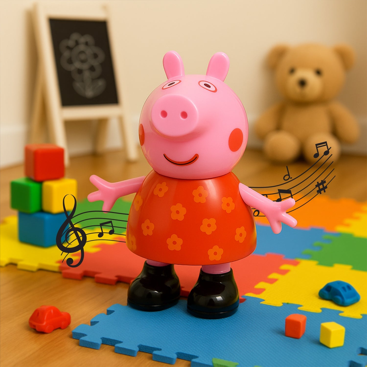 A vibrant pink pig pretend play toy with movable limbs, displayed against a white background.