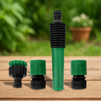 Retail packaging for the durable 4-piece garden hose nozzle and connector set.