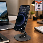 Foldable metal mobile stand demonstrating 360 degree rotation flexibility