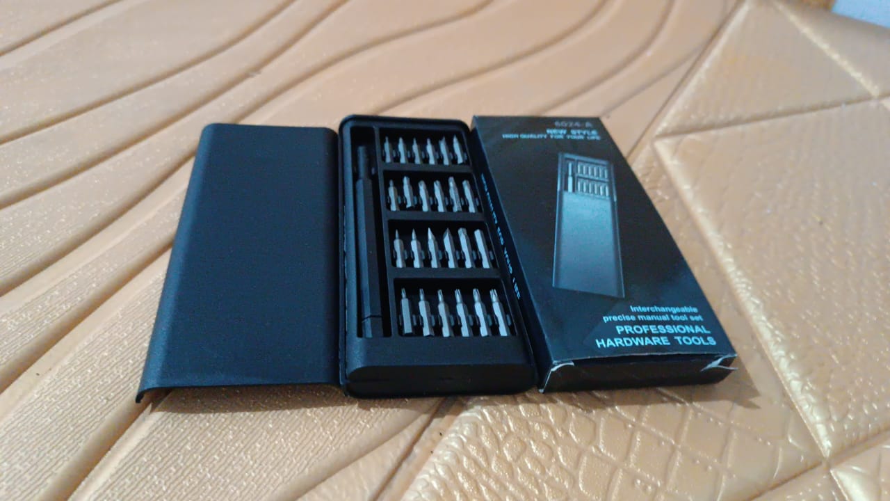 BoltForce 24-in-1 precision screwdriver set with its components and the sleek carrying case.