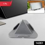 Side view of grey pyramid phone stand showcasing stability