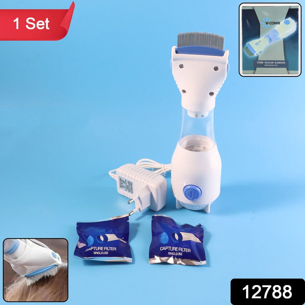 Electric anti-lice vacuum comb set showing device alongside disposable capture filters