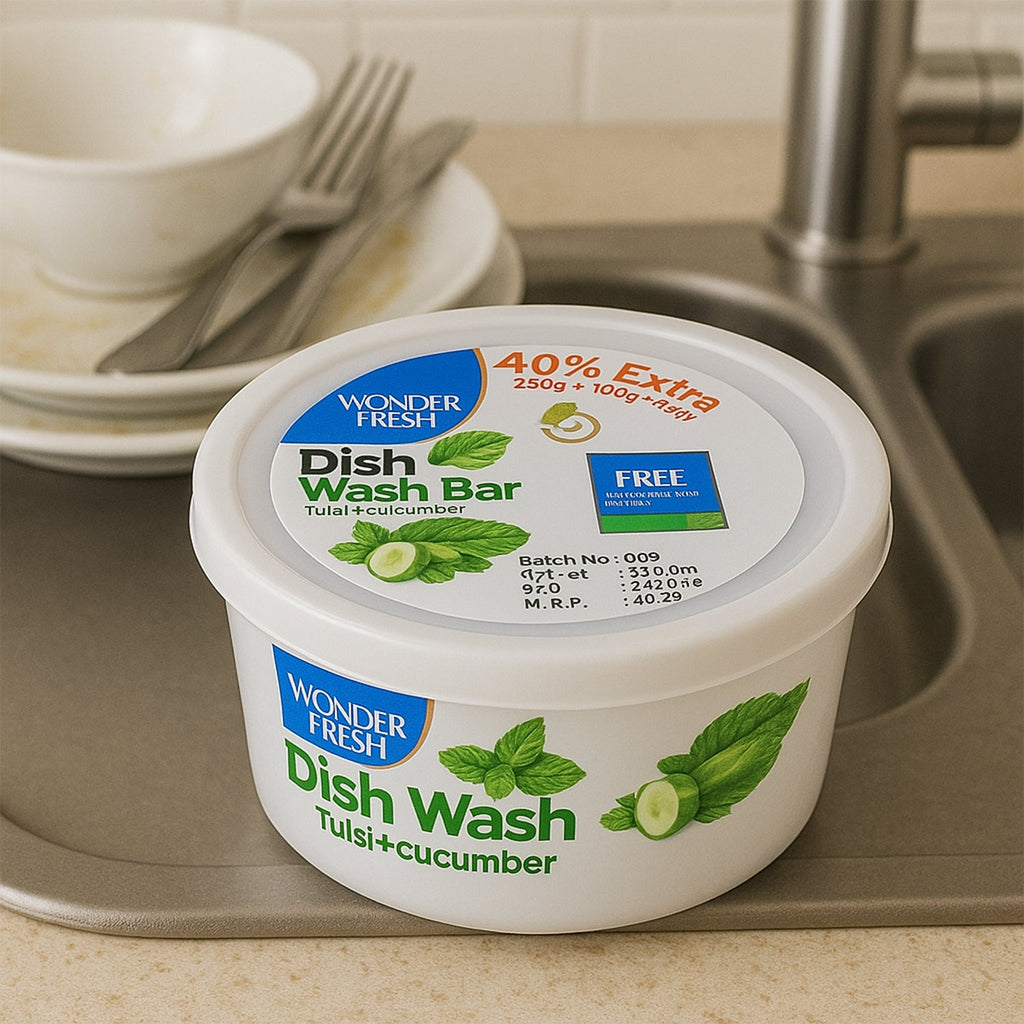 Wonder Fresh Dishwash Bar 350g in Fresh Mix Flavor with a super scrubber on a clean surface.
