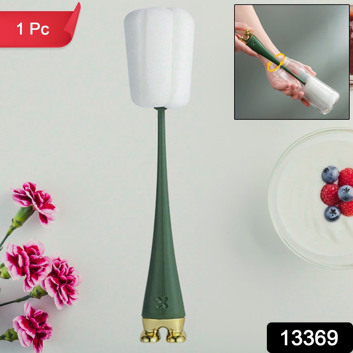 Multifunctional silicone bottle cleaning brush effectively cleaning a tall glass bottle.