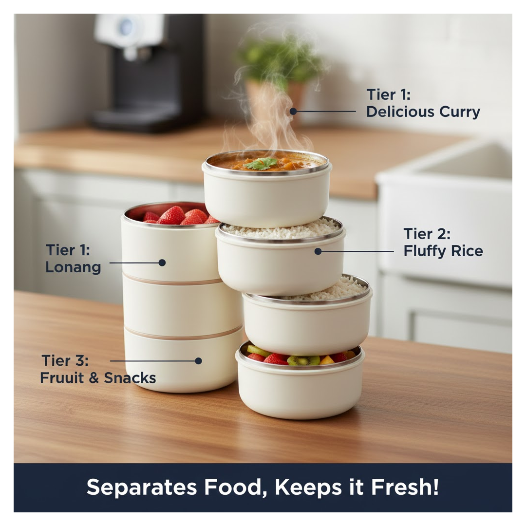 The Ganesh Smart Stack lunch box with its lid removed, showing the three empty stainless steel containers.