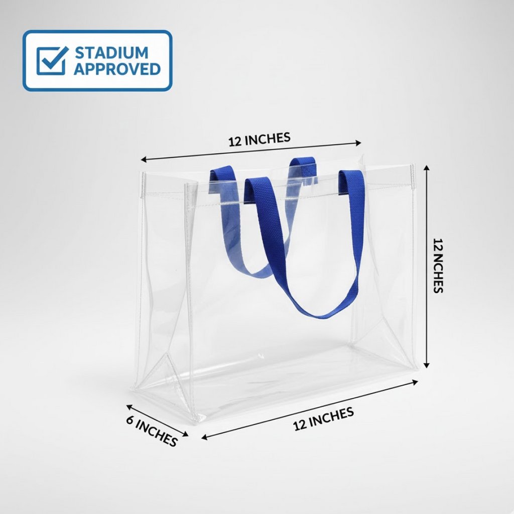 Front view of the reusable transparent gift bag, emphasizing its clean design.