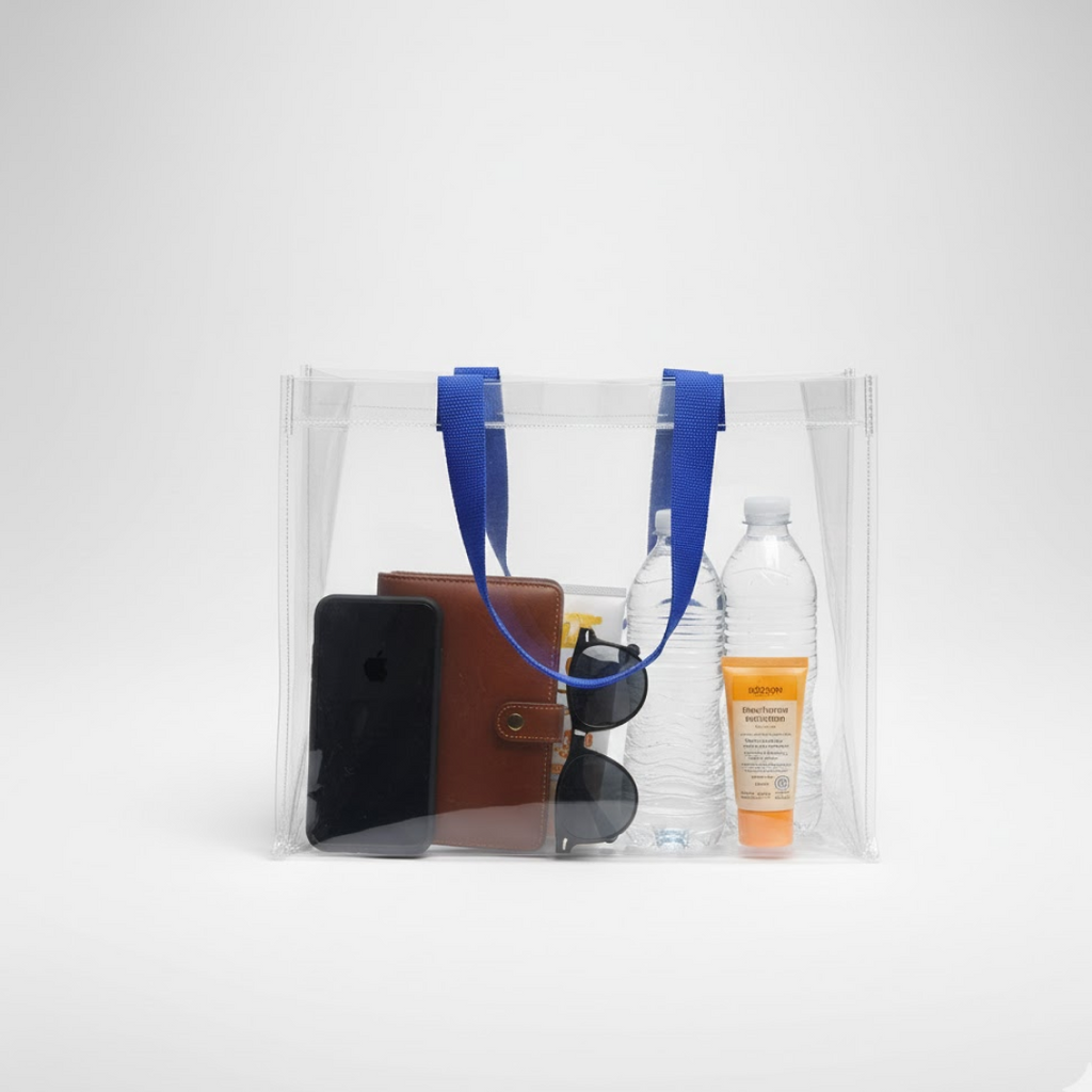Clear plastic gift bag showcasing its spacious interior and strong handles.